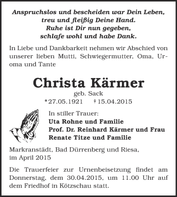 Traueranzeige von Christa Kärmer von Super Sonntag Merseburg