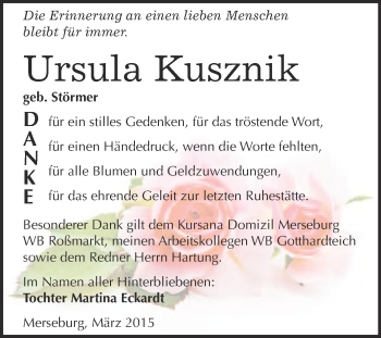 Traueranzeige von Ursula Kusznik von WVG - Wochenspiegel Merseburg