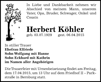 Traueranzeige von Herbert Köhler von Mitteldeutsche Zeitung Bernburg