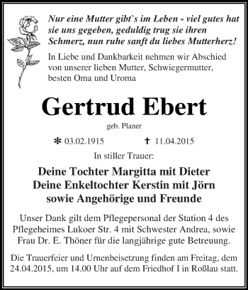 Traueranzeige von Gertrud Ebert von WVG - Wochenspiegel Dessau / Köthen