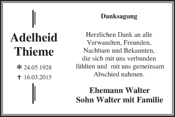 Traueranzeige von Adelheid Thieme von WVG - Wochenspiegel Dessau / Köthen