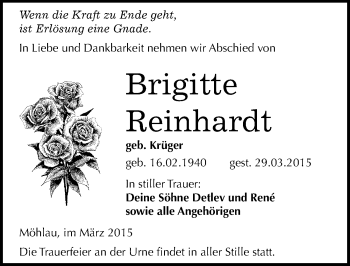 Traueranzeige von Brigitte Reinhardt von Mitteldeutsche Zeitung Wittenberg