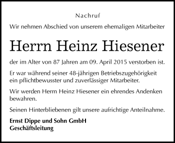 Traueranzeige von Heinz Hiesener von Mitteldeutsche Zeitung Quedlinburg