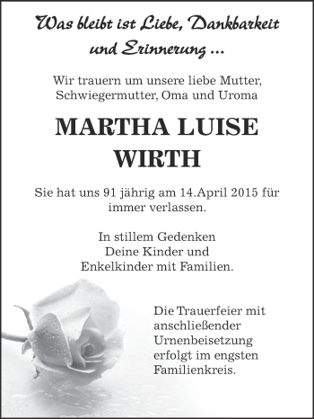 Traueranzeige von Martha Luise Wirth von Super Sonntag Bernburg