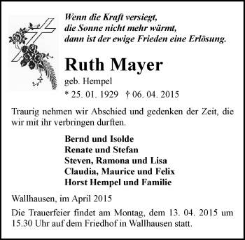 Traueranzeige von Ruth Mayer von Mitteldeutsche Zeitung Sangerhausen
