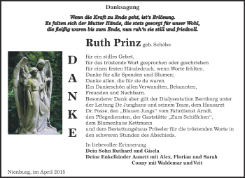 Traueranzeige von Ruth Prinz von Super Sonntag Bernburg