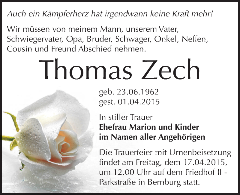  Traueranzeige für Thomas Zech vom 11.04.2015 aus Mitteldeutsche Zeitung Bernburg