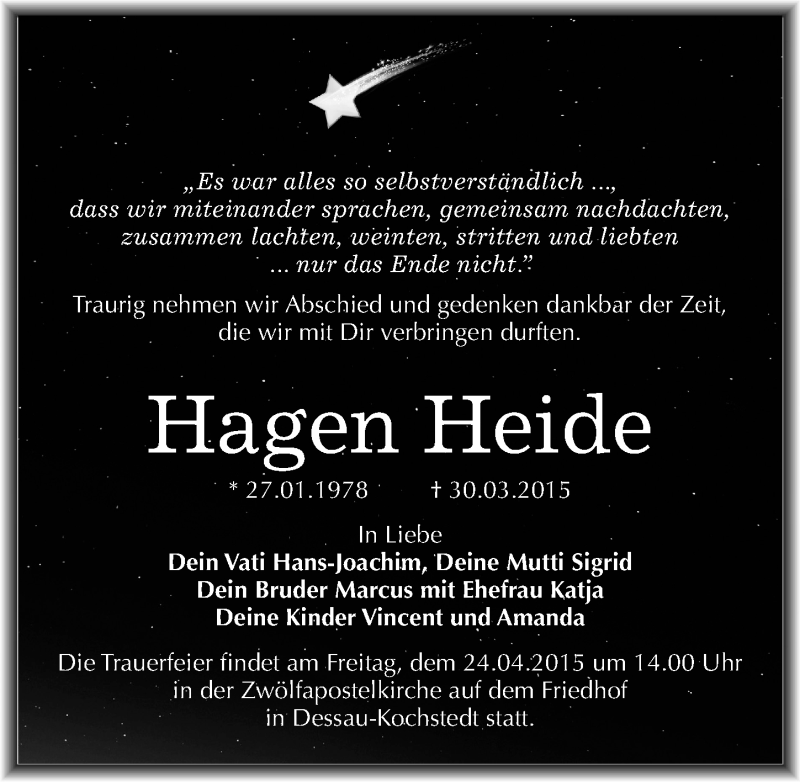  Traueranzeige für Hagen Heide vom 08.04.2015 aus Mitteldeutsche Zeitung Dessau-Roßlau