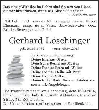 Traueranzeige von Gerhard Löschinger von WVG - Wochenspiegel Dessau / Köthen