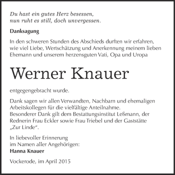 Traueranzeige von Werner Knauer von WVG - Wochenspiegel Wittenberg
