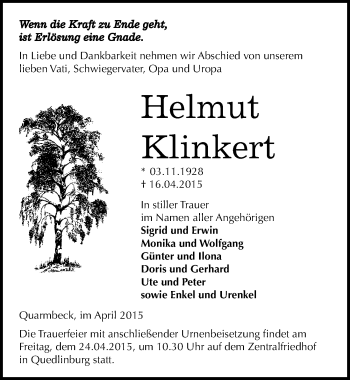 Traueranzeige von Helmut Klinkert von Mitteldeutsche Zeitung Quedlinburg