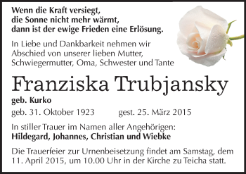 Traueranzeige von Franziska Trubjansky von Mitteldeutsche Zeitung Halle/Saalkreis