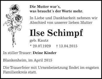 Traueranzeige von Ilse Schimpf von Super Sonntag SGH Mansf. Land