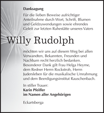 Traueranzeige von Willy Rudolph von Mitteldeutsche Zeitung Naumburg/Nebra