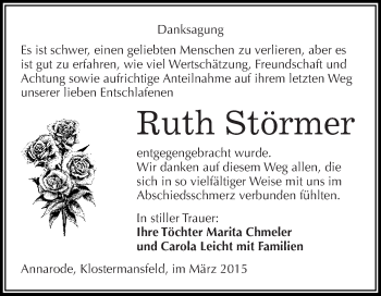 Traueranzeige von Ruth Störmer von Wochenspiegel Mansfelder Land