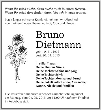 Traueranzeige von Bruno Dietmann von Mitteldeutsche Zeitung Halle/Saalkreis