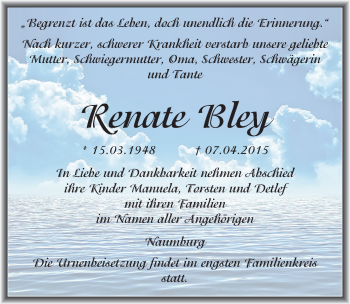 Traueranzeige von Renate Bley von Mitteldeutsche Zeitung Naumburg/Nebra