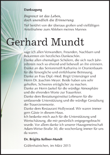 Traueranzeige von Gerhard Mundt von Mitteldeutsche Zeitung Wittenberg