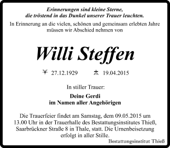 Traueranzeige von Willi Steffen von Mitteldeutsche Zeitung Quedlinburg
