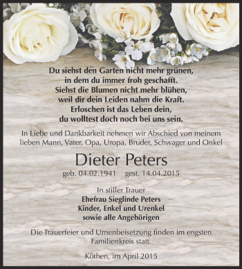 Traueranzeige von Dieter Peters von WVG - Wochenspiegel Dessau / Köthen