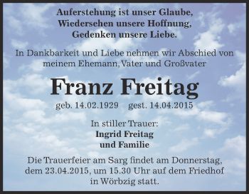 Traueranzeige von Franz Freitag von WVG - Wochenspiegel Dessau / Köthen