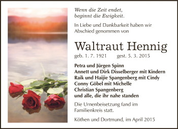 Traueranzeige von Waltraut Hennig von WVG - Wochenspiegel Dessau / Köthen