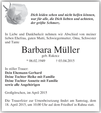 Traueranzeige von Barbara Müller von Super Sonntag Merseburg