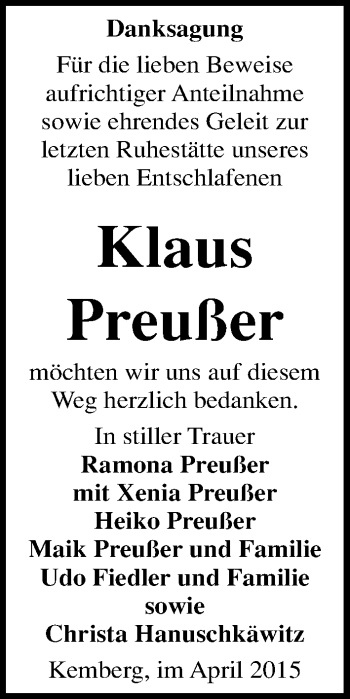 Traueranzeige von Klaus Preußer von Mitteldeutsche Zeitung Wittenberg