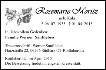 Traueranzeige von Rosemarie Moritz von WVG - Wochenspiegel SGH