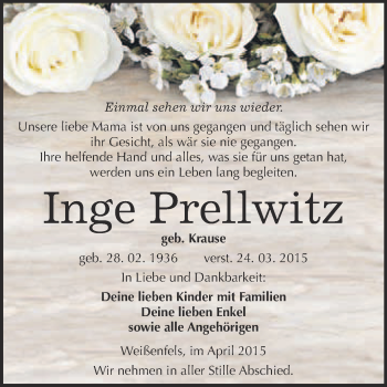Traueranzeige von Inge Prellwitz von WVG - Wochenspiegel NMB / WSF / ZTZ