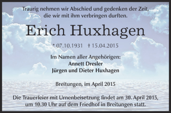 Traueranzeige von Erich Huxhagen von WVG - Wochenspiegel SGH