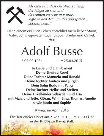 Traueranzeige von Adolf Busse von Mitteldeutsche Zeitung Zeitz