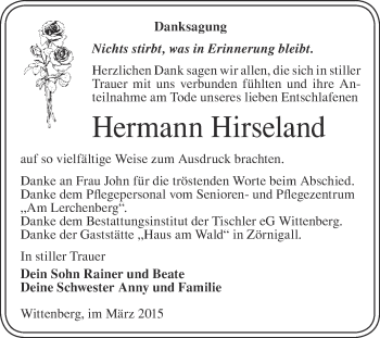 Traueranzeige von Hermann Hirseland von WVG - Wochenspiegel Wittenberg