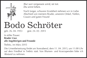 Traueranzeige von Bodo Schröter von WVG - Wochenspiegel Wittenberg