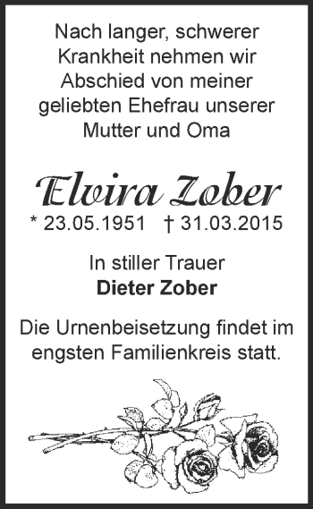 Traueranzeige von Elvira Zober von WVG - Wochenspiegel Dessau / Köthen