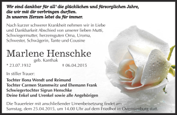 Traueranzeige von Marlene Henschke von WVG - Wochenspiegel Dessau / Köthen