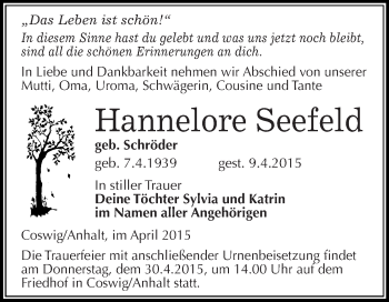 Traueranzeige von Hannelore Seefeld von Super Sonntag Wittenberg
