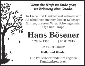 Traueranzeige von Hans Bösener von WVG - Wochenspiegel Dessau / Köthen