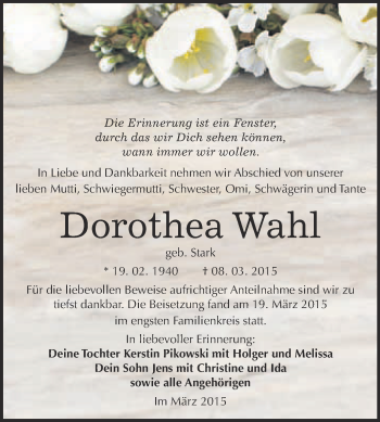 Traueranzeige von Dorothea Wahl von Super Sonntag Wittenberg