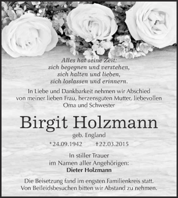 Traueranzeige von Birgit Holzmann von WVG - Wochenspiegel Quedlinburg