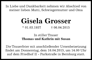 Traueranzeige von Gisela Grosser von Mitteldeutsche Zeitung Bernburg