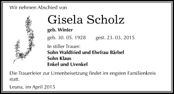 Traueranzeige von Gisela Scholz von Mitteldeutsche Zeitung Merseburg/Querfurt