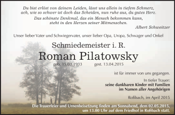 Traueranzeige von Roman Pilatowsky von WVG - Wochenspiegel Merseburg