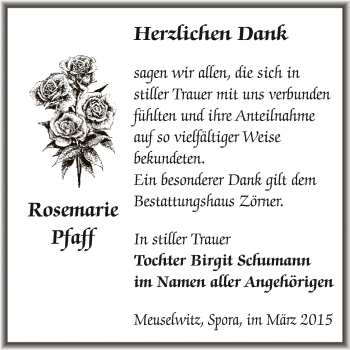 Traueranzeige von Rosemarie Pfaff von Super Sonntag Zeitz