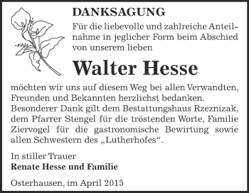 Traueranzeige von Walter Hesse von Wochenspiegel Mansfelder Land