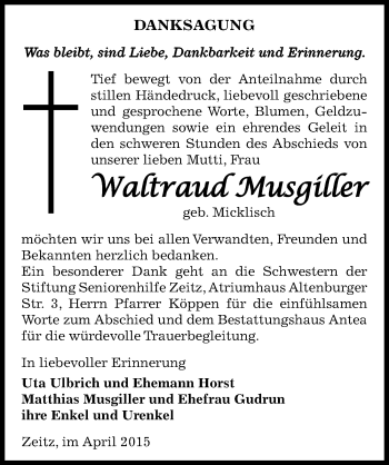 Traueranzeige von Waltraud Musgiller von Mitteldeutsche Zeitung Zeitz