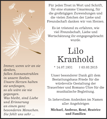 Traueranzeige von Lilo Kranhold von WVG - Wochenspiegel Dessau / Köthen