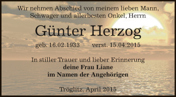 Traueranzeige von Günter Herzog von Super Sonntag Zeitz