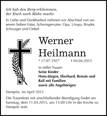 Traueranzeige von Werner Heilmann von Mitteldeutsche Zeitung Merseburg/Querfurt