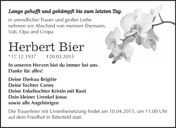 Traueranzeige von Herbert Bier von WVG - Wochenspiegel Bitterfeld